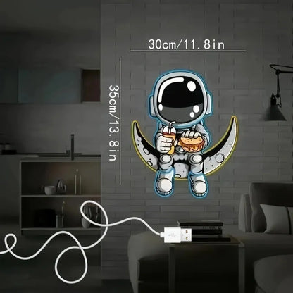 Astronaut silhouette neon light mounted on wall with USB cable, blue or cold white LED illumination