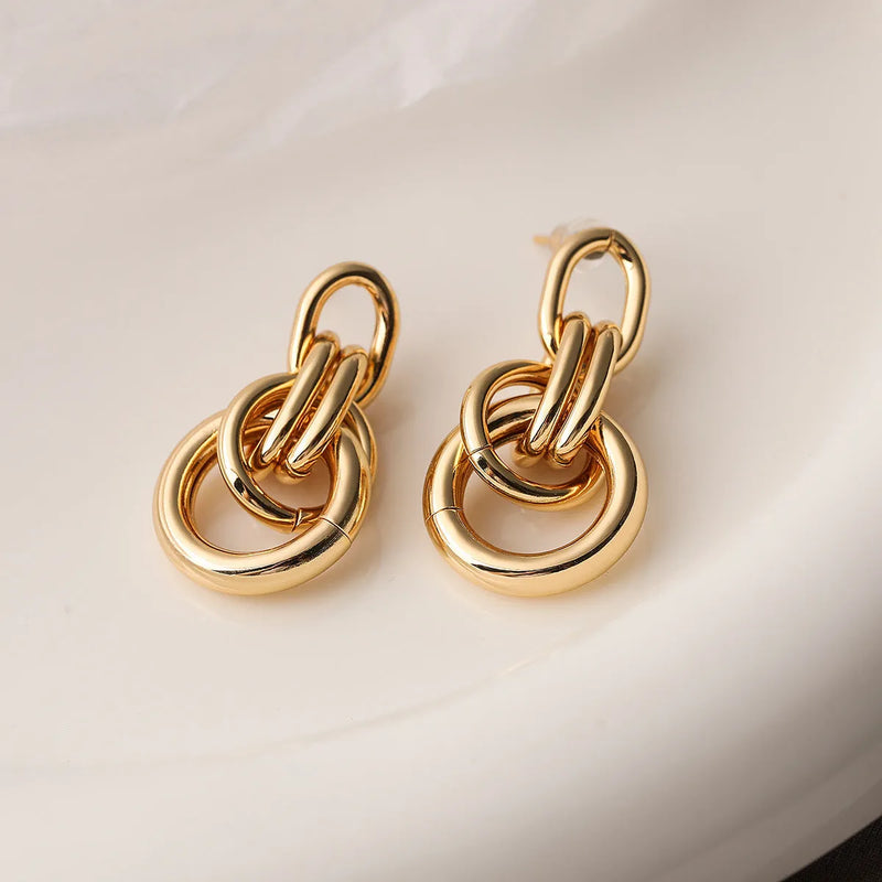Real Gold Geometric Earrings For Women INS High-profile Temperament Wild Copper Geometric Shape Irregular Simple Style Drop Earrings For Women In Gold Colour