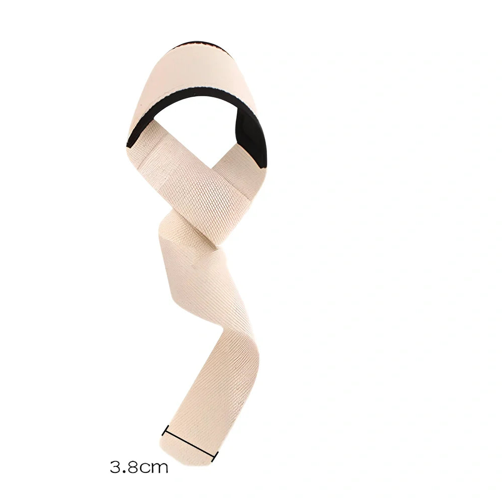 Pair of grey weightlifting straps with metal buckles showing 45cm length and 5cm width dimensions
