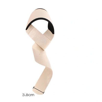 Pair of grey weightlifting straps with metal buckles showing 45cm length and 5cm width dimensions
