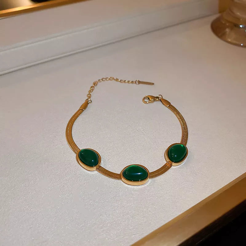 Boho green stone crystal snake chain multilayer necklace and bracelet set for women
