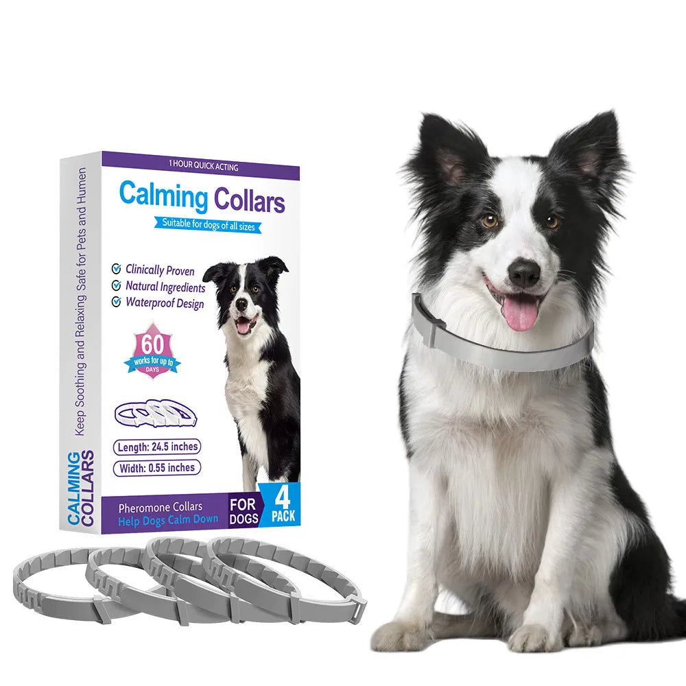 Four adjustable dog anxiety collars with Chinese style patterns in different colours showing 62cm length and TPR material