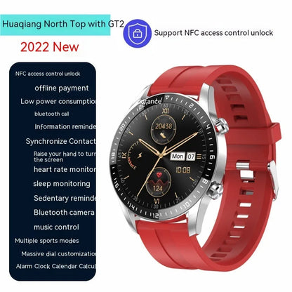 Black or silver smartwatch with 1.3-inch screen showing interface, featuring Bluetooth calling and NFC.