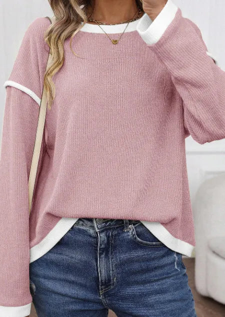 Women's drop shoulder loose knit top with contrast trim in four leaf clover colour