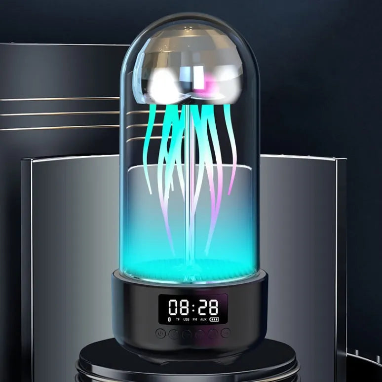 Colourful jellyfish-themed Bluetooth speaker with LED clock display showing time and battery level