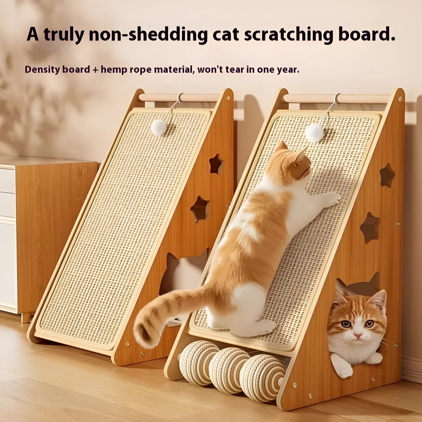 Vertical wall-mounted cat scratch board with sisal surface and hemp rope-covered teasing ball