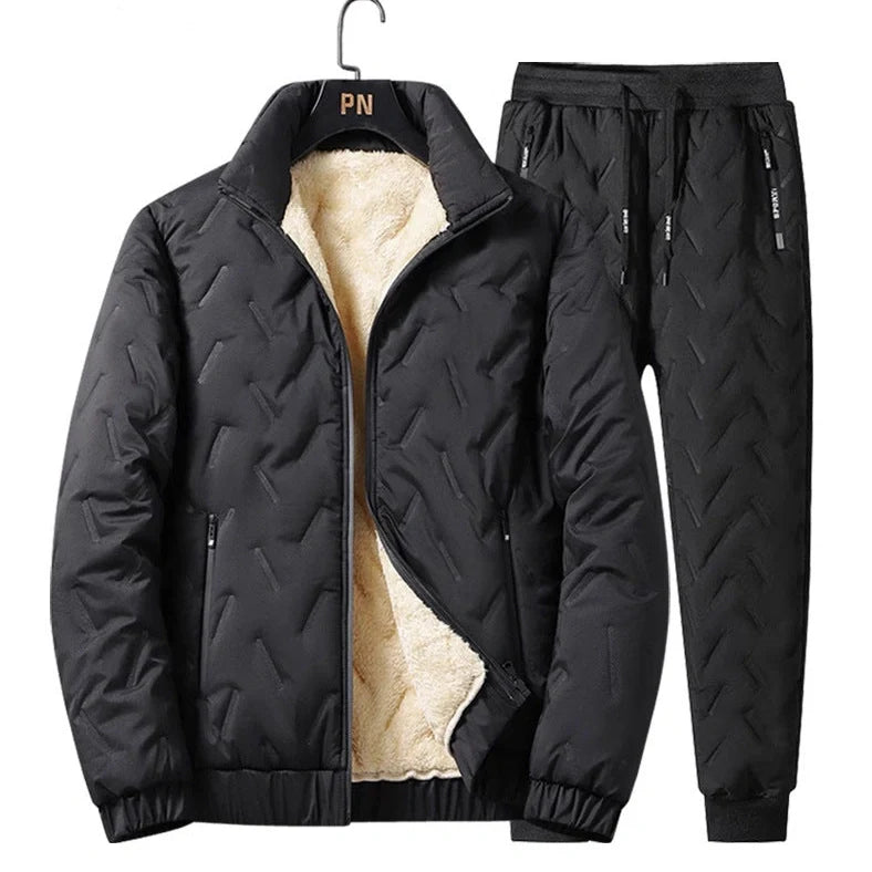 Men's grey fleece zipper jacket and tapered pants set with turn-down collar and zippered pockets
