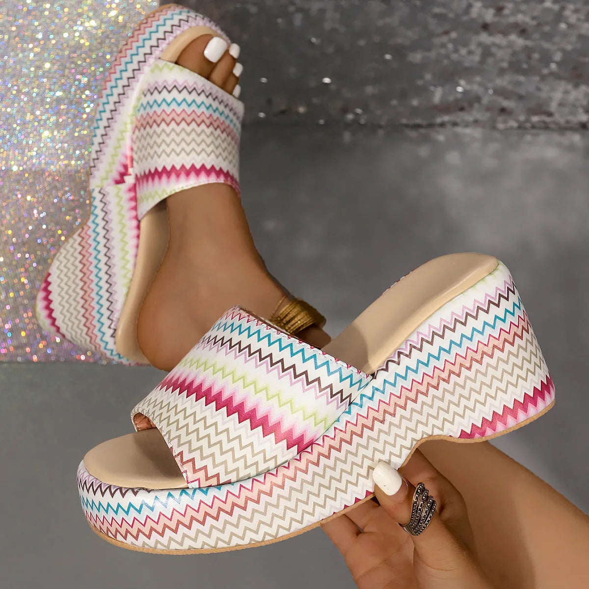 Women's beige wedges sandals with blue wave print, thick rubber sole, and fish mouth toe
