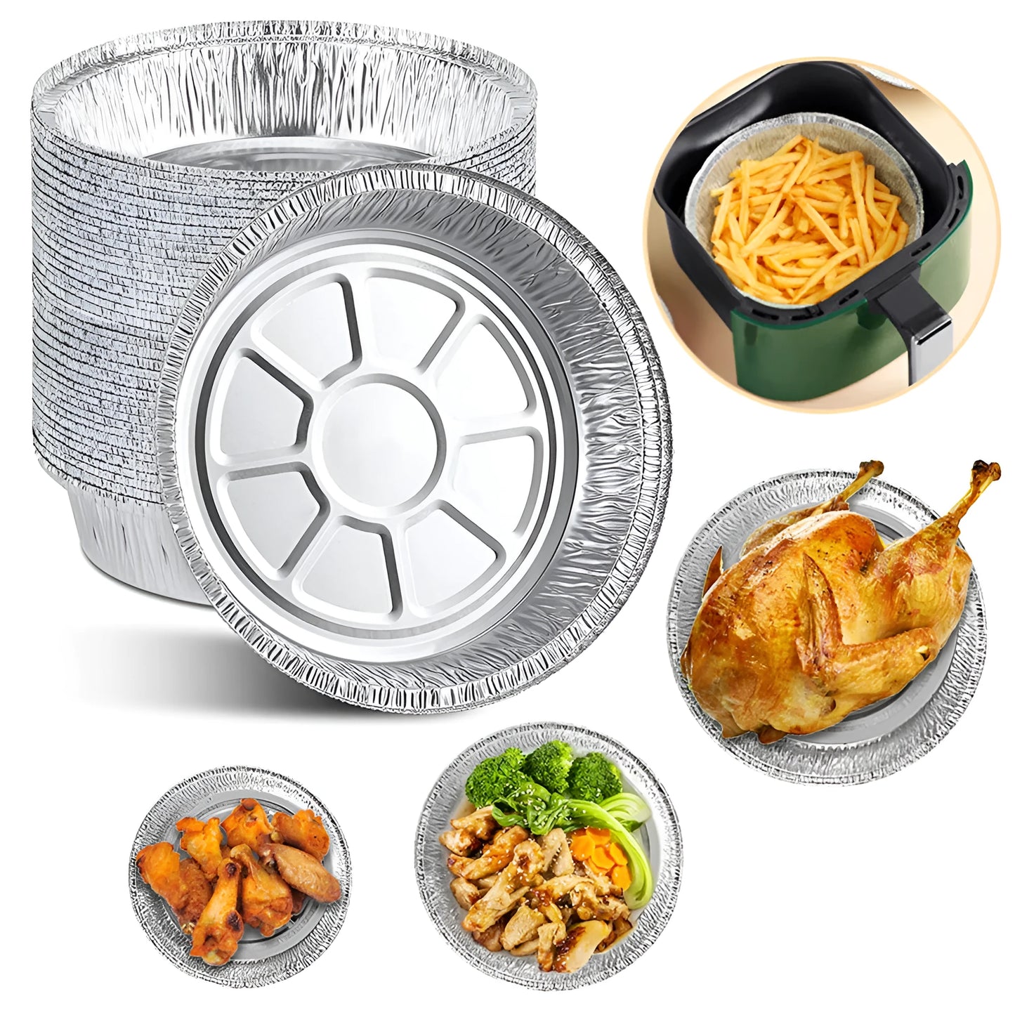 Round disposable aluminium foil liners for air fryers in four different sizes on a kitchen counter.