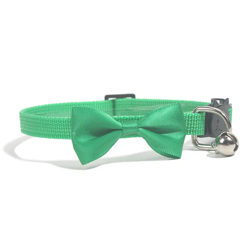 Adjustable nylon cat collar with bell decoration in striped pattern, multiple colour options available