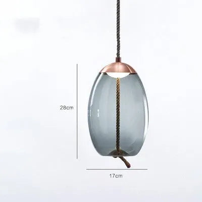 Glass chandelier with twine design, 30cm by 30.5cm, LED warm light, 220V, in amber, water blue, or smoke grey.