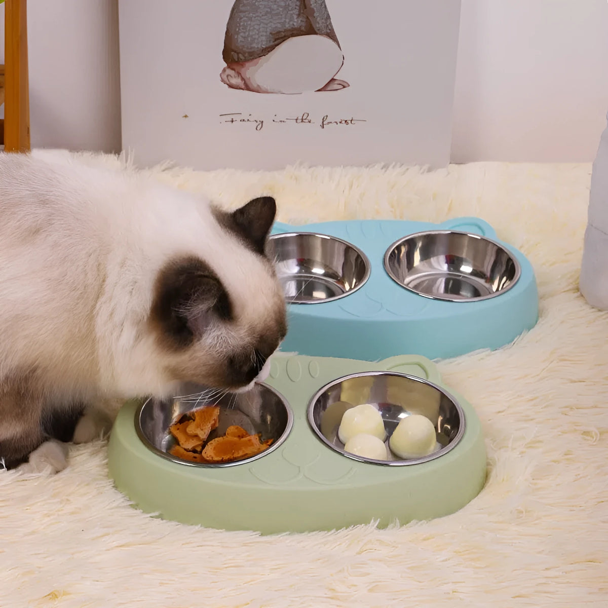 Stainless steel cat face bowl for cats in blue, green, or pink, single pet tableware bowl