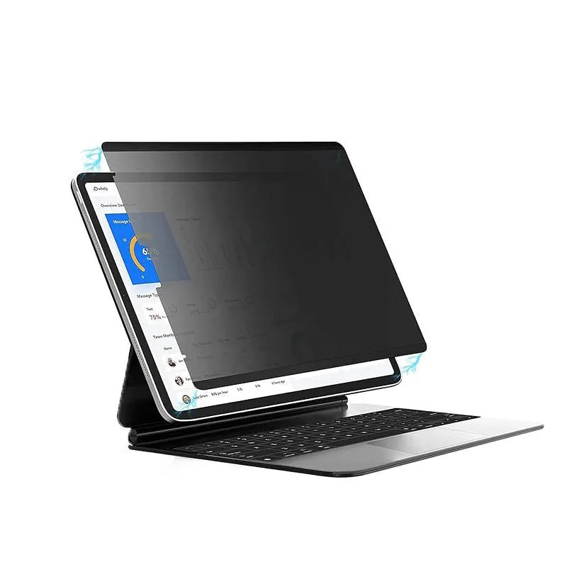 Magnetic suction anti-peeping film on iPad screen with storage clip, showing privacy protection and PET material clarity