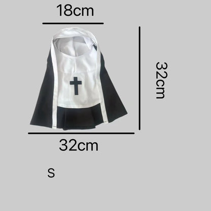 Black and white nun costume cloak for a small dog on a Halloween backdrop.