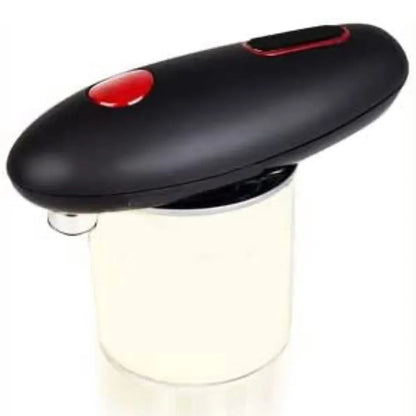 Black plastic electric can opener for hands-free opening of cans, jars, and bottles.