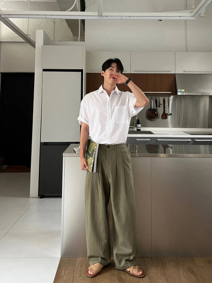 Army Green Japanese style linen trousers for men with drawstring waist