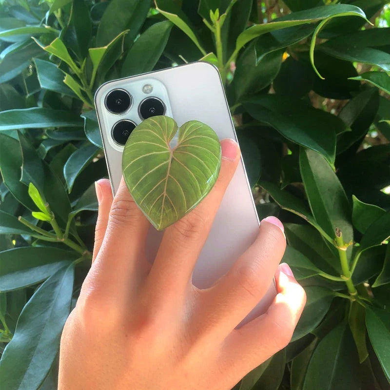 Stylish smartphone stand with leaf-inspired design for secure hands-free support and mobile device versatility