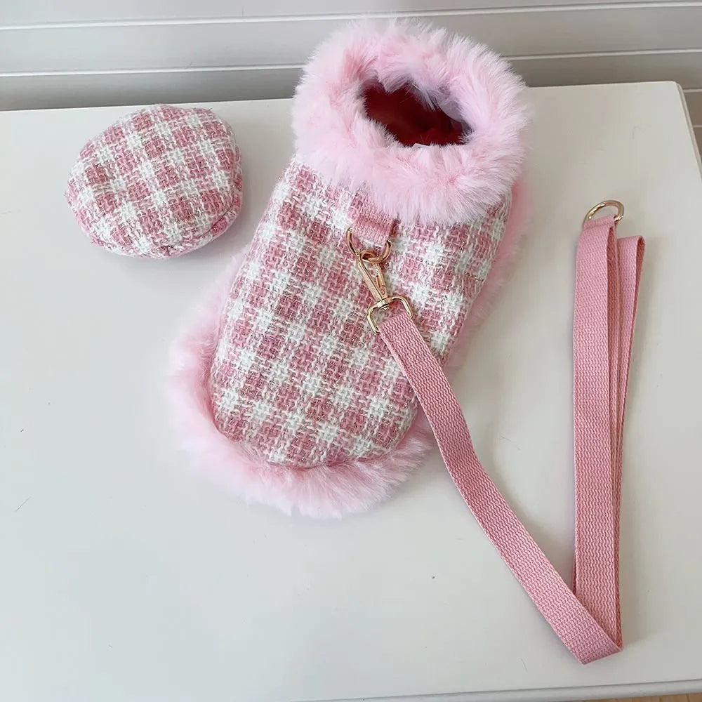 Pink cat costume with beret, cape, and hand-holding rope in polyester material