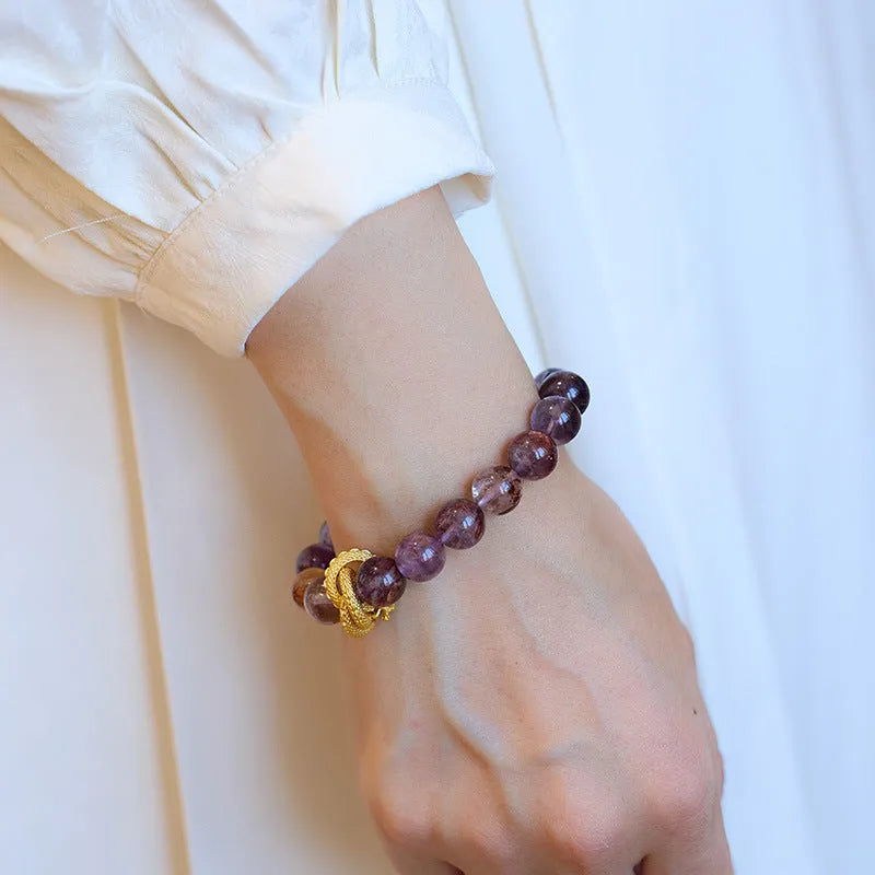Purple ghost quartz bracelet with 10mm beads in retro unisex style