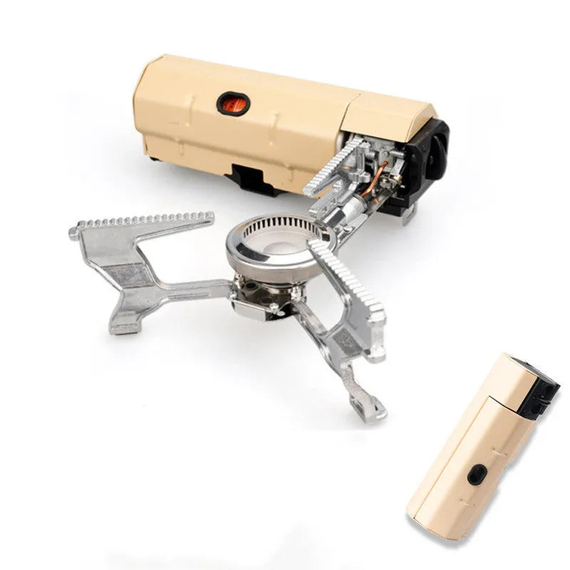 Green folding camping gas stove with serrated pot bracket, showing 25cm size next to butane canister