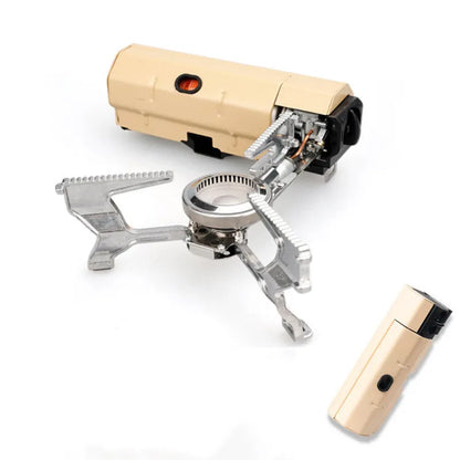 Green folding camping gas stove with serrated pot bracket, showing 25cm size next to butane canister