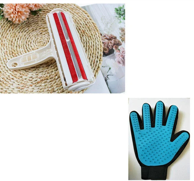 Efficient pet hair remover tool in red and blue for furniture and carpets