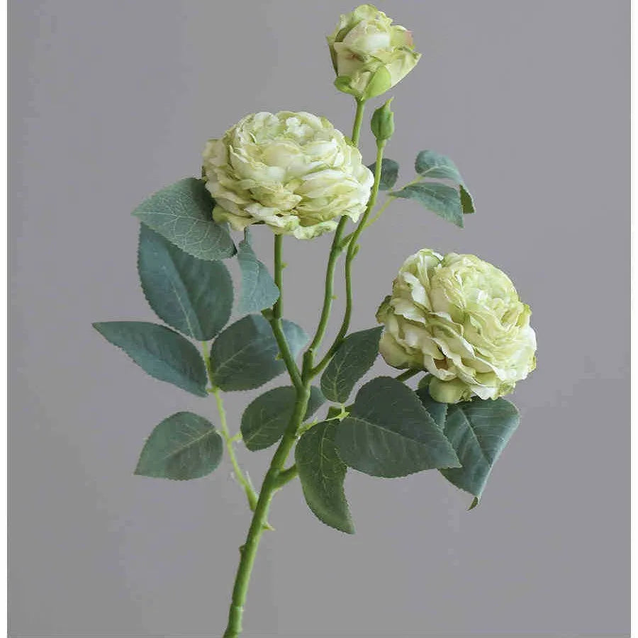 Three-head artificial silk rose flower arrangement with baked edge petals in six colour options