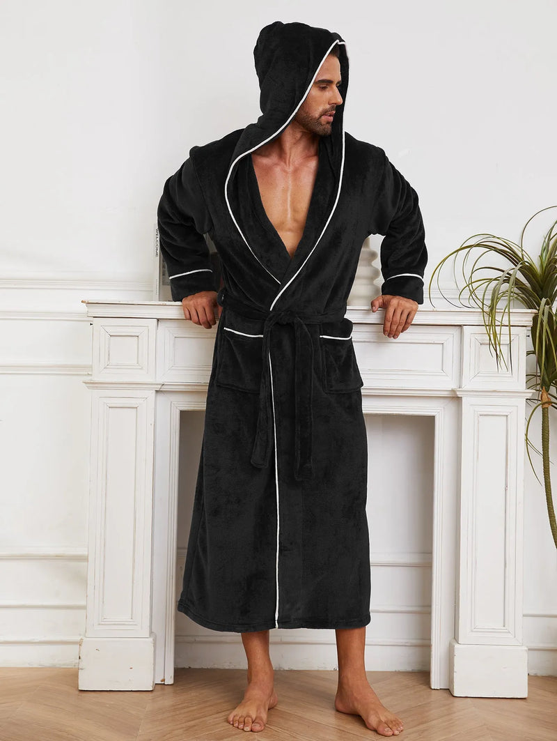 Men's flannel bathrobe pyjamas in European-American style for winter and autumn wear, available in light grey, dark blue, and black colour options with four unisex sizing choices M, L, XL, and XXL made from polyester fibre fabric