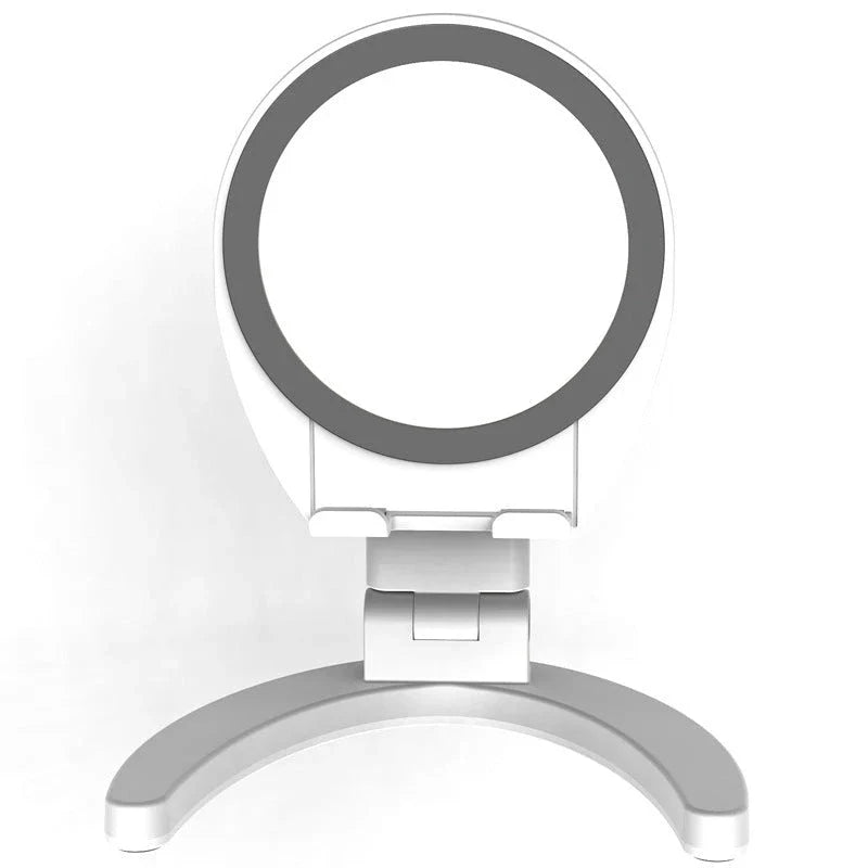 Adjustable phone stand with built-in makeup mirror for hands-free viewing and on-the-go grooming