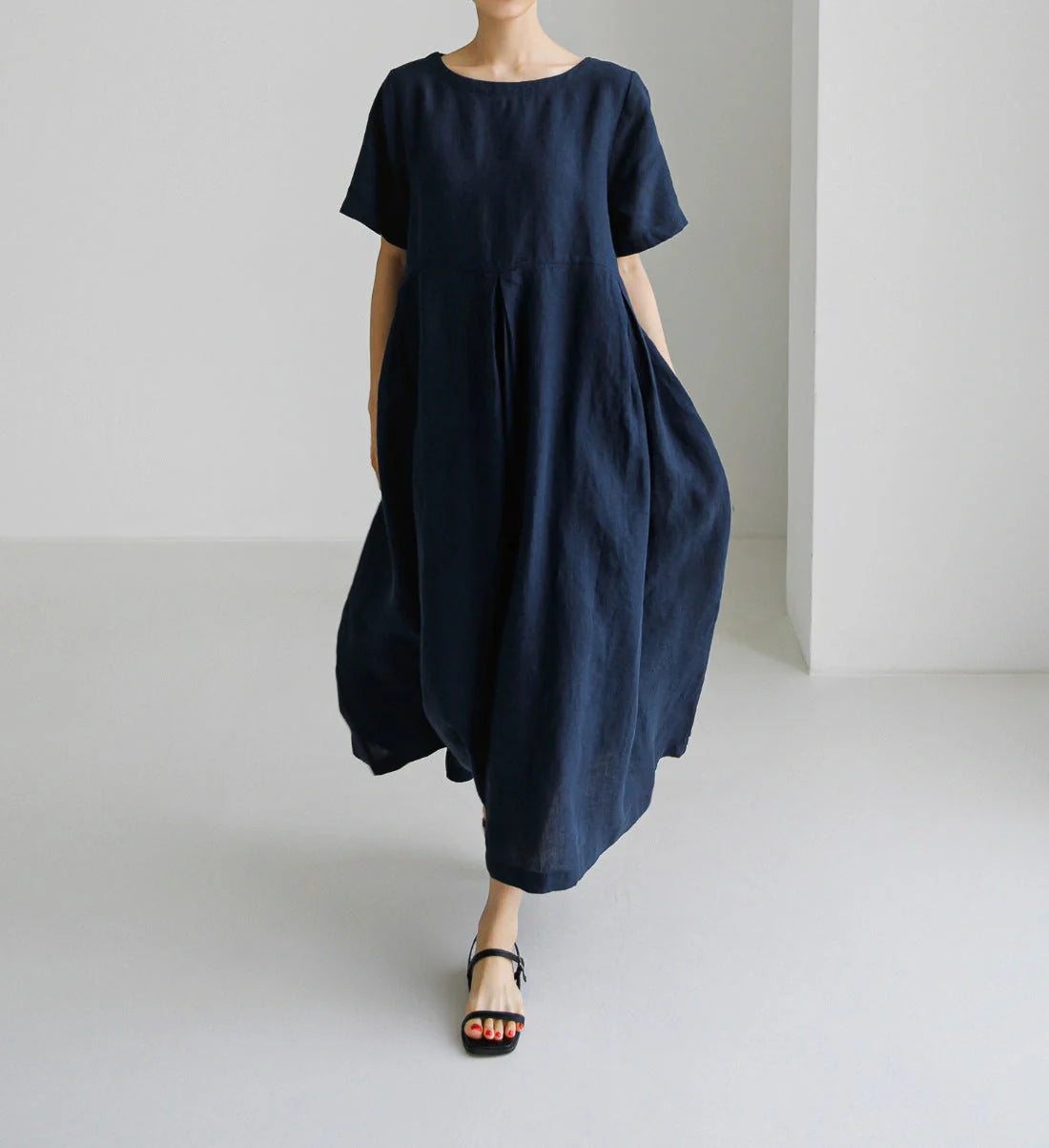 Loose cotton and linen dress in navy blue, army green, and apricot