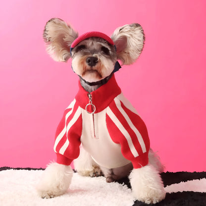 Red wool dog sports cardigan for male dogs, sizes S to XXL, casual pet sweater