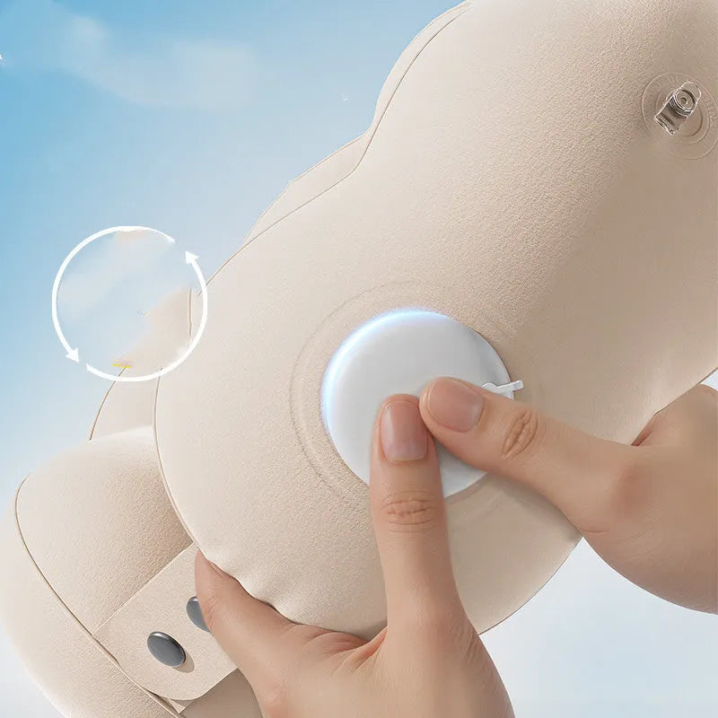 Inflatable U-shaped travel neck pillow in cloud bubble cartoon design showing air valve