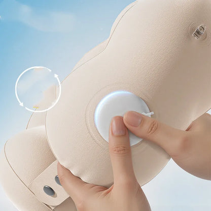 Inflatable U-shaped travel neck pillow in cloud bubble cartoon design showing air valve