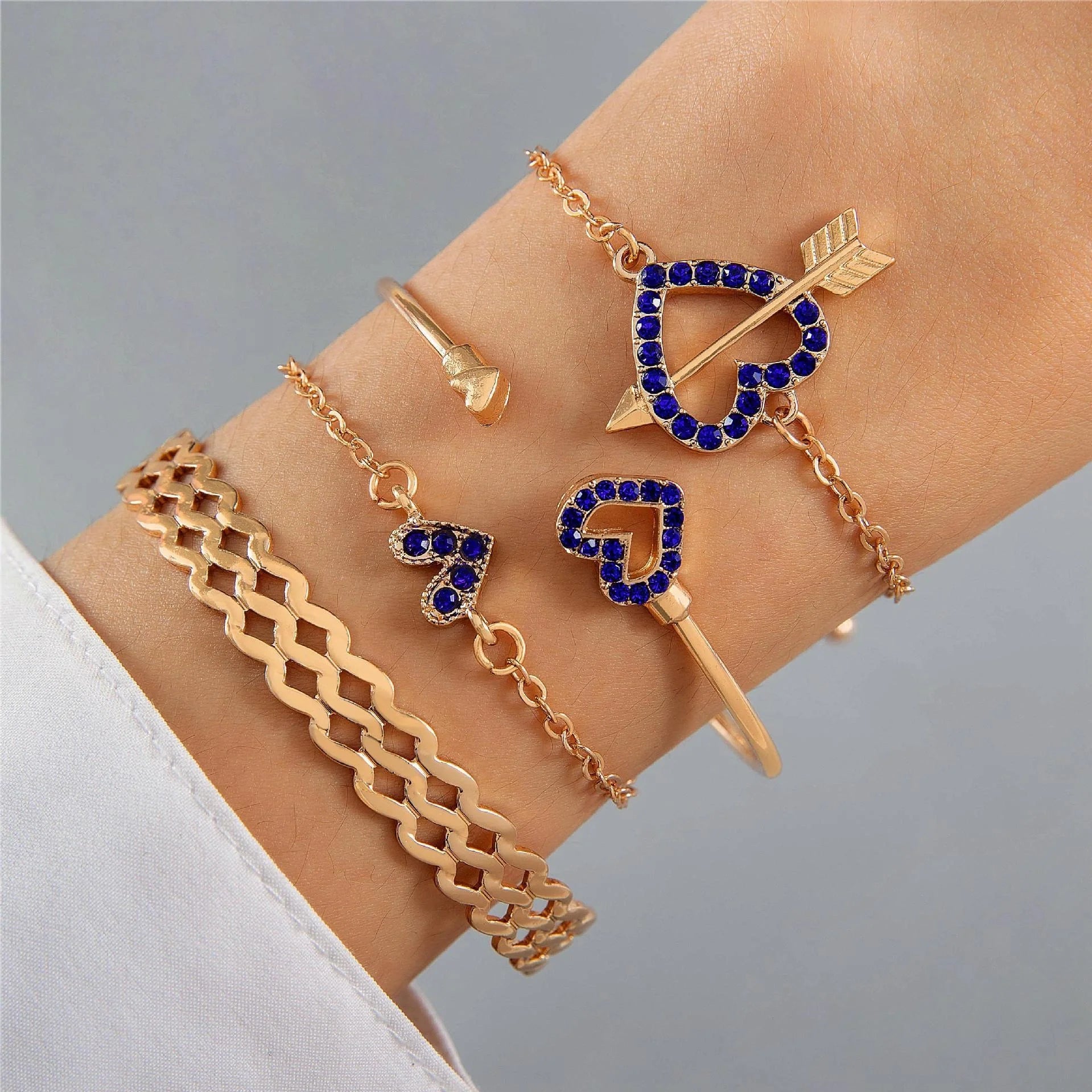 4-piece Blue Flower Love Butterfly Bracelet Set with sparkling rhinestones
