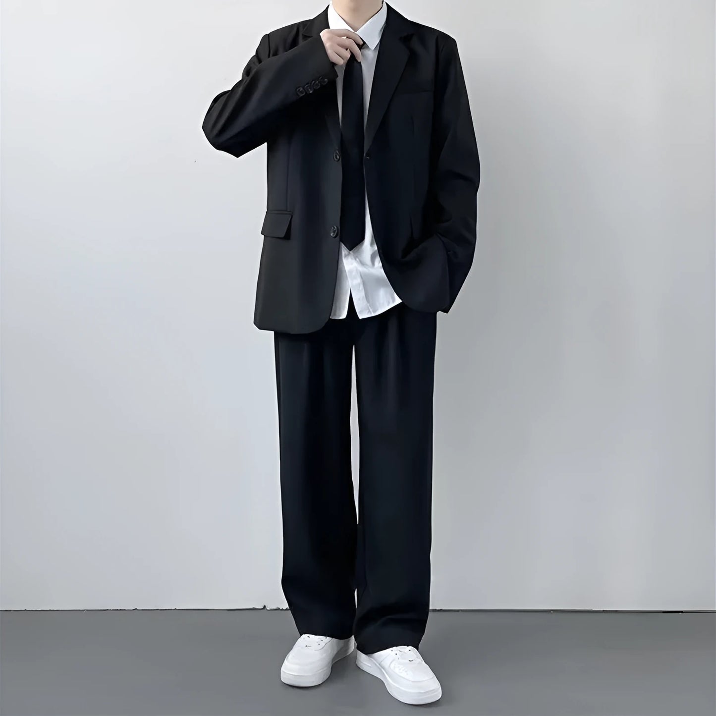 Plus size men's three-piece suit set with jacket, trousers, white shirt and tie