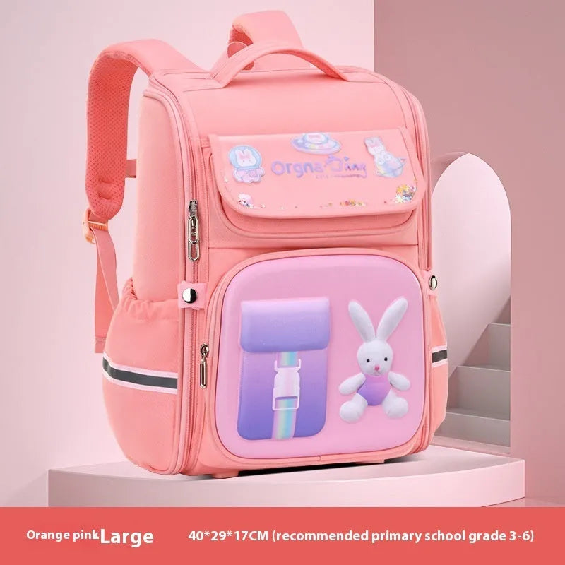 Children's cartoon backpack with airpillow straps in rabbit pink colour showing large capacity design for primary school use