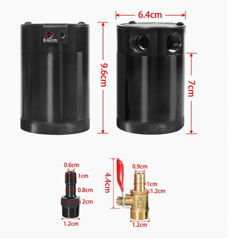 Automotive two hole breathable machine oil pot with oil-free valve, universal fit aluminium oil can for engine maintenance in black or silver finish, includes connectors, screws and washers for secure installation.