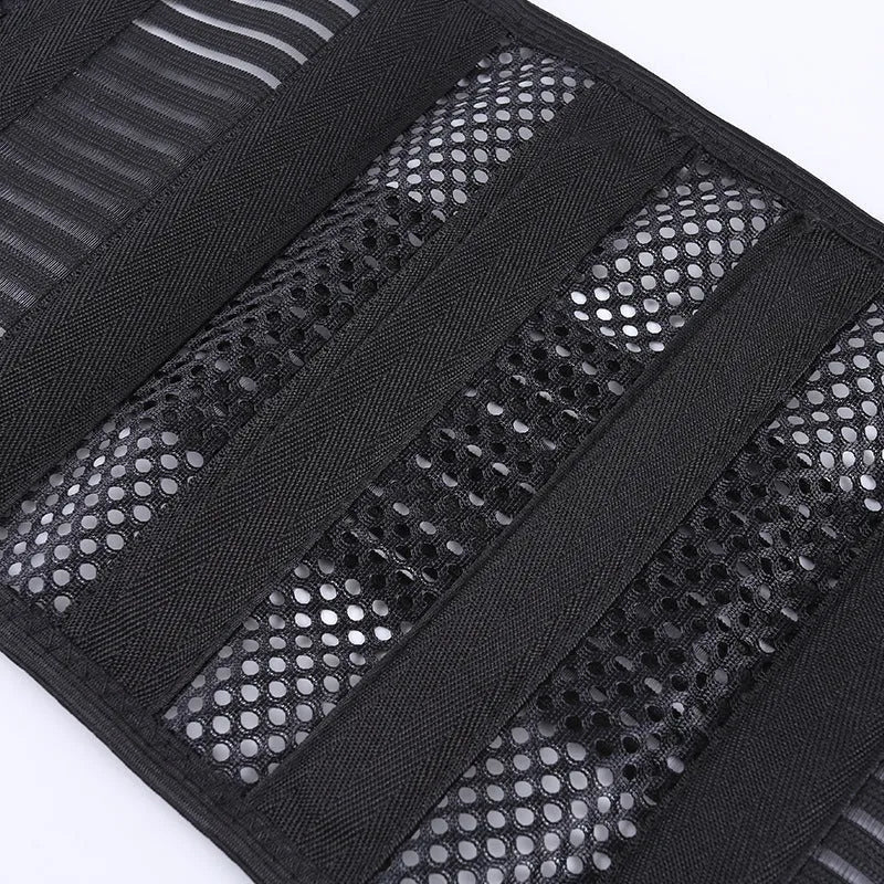 Black sports waist support belt with steel plate for adult lumbar decompression during fitness and sports.
