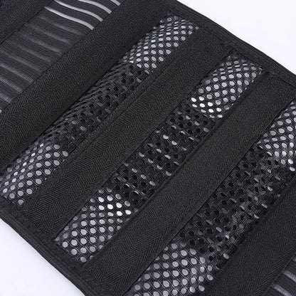 Black sports waist support belt with steel plate for adult lumbar decompression during fitness and sports.