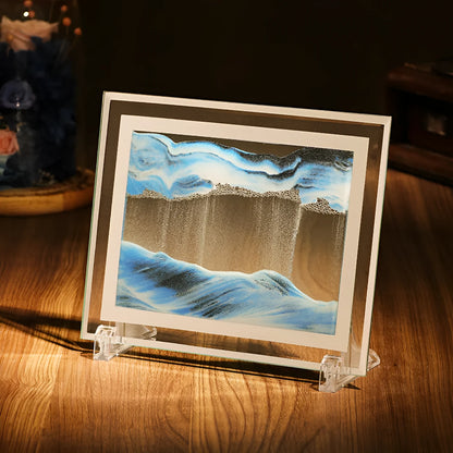 Geometric glass ornament containing a colourful quicksand landscape painting in modern style.