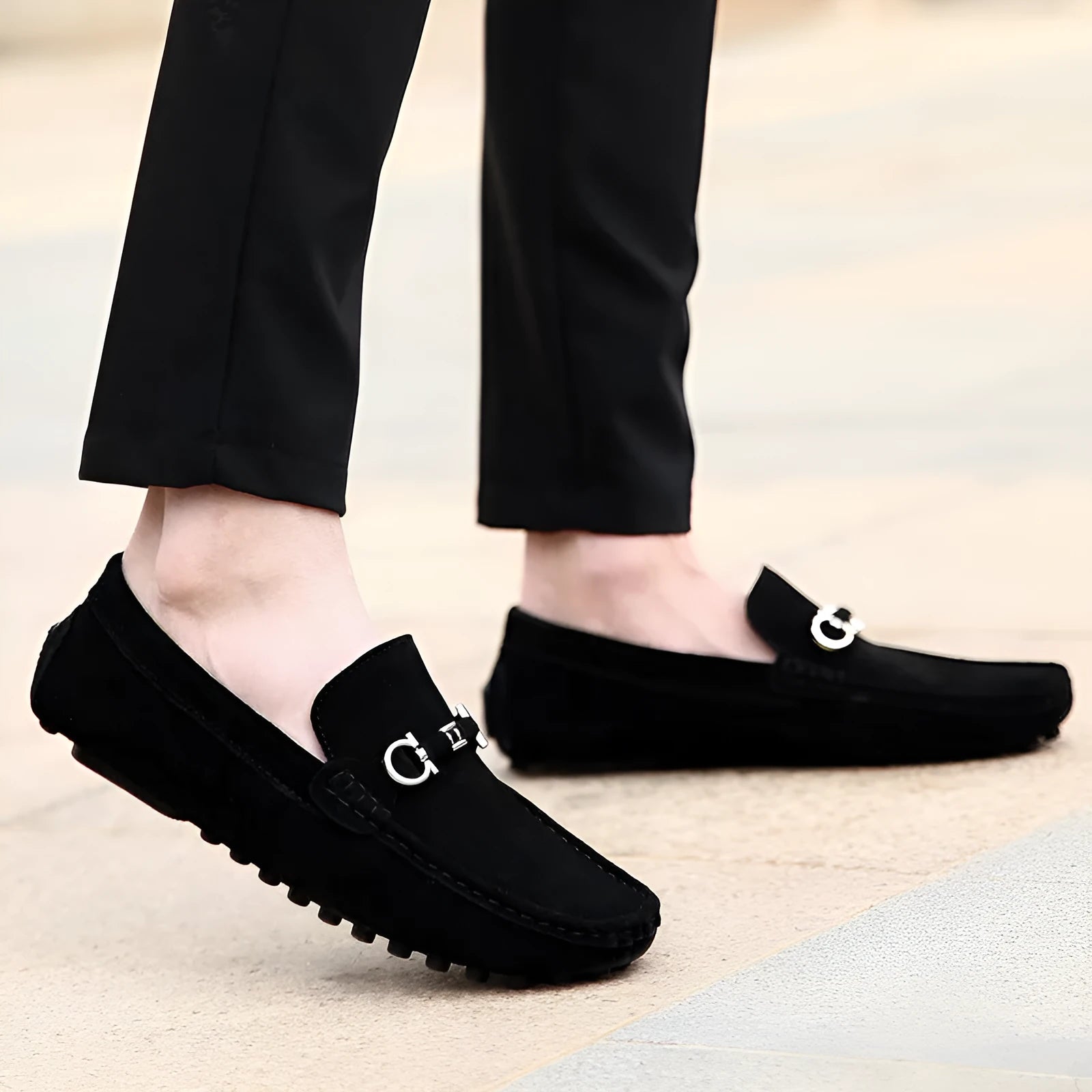 Men's black cowhide slip-on leather shoes with a square toe and flat stiletto heel.