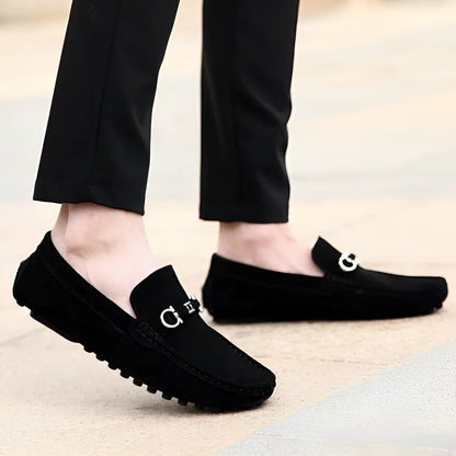 Men's black cowhide slip-on leather shoes with a square toe and flat stiletto heel.