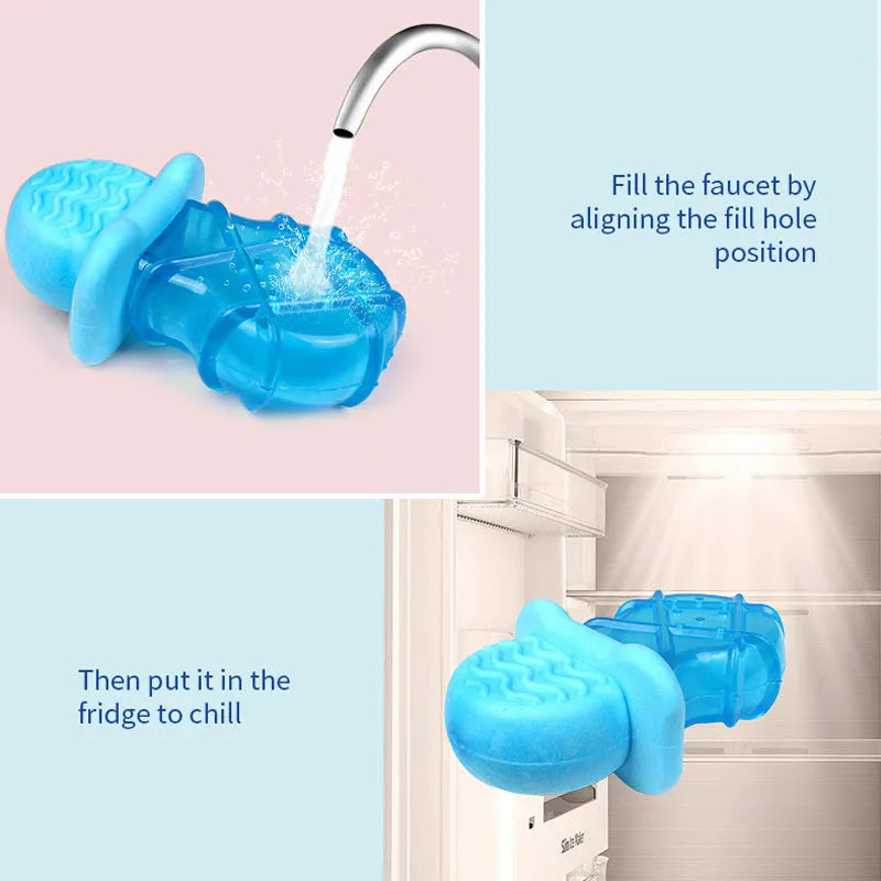 Set of four water-filled silicone dog cooling toys: pacifier, popsicle, and two rings.