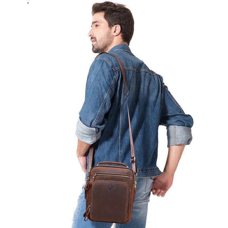 Men's brown Crazy Horse leather retro crossbody bag with single shoulder strap