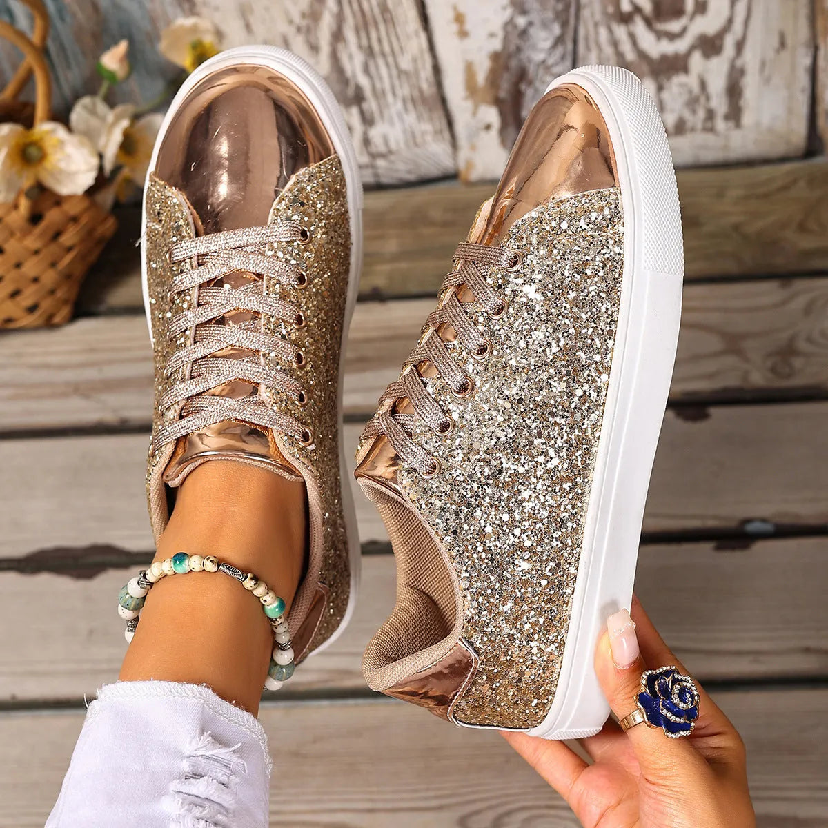 Women's plus size black board shoes with sequined front panel and lace-up closure