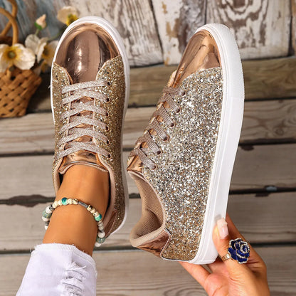 Women's plus size black board shoes with sequined front panel and lace-up closure