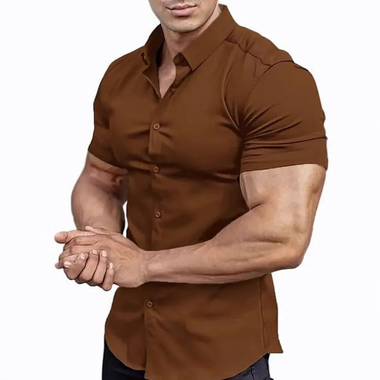 Men's short sleeve printed shirt with collar in regular fit casual polyester cardigan style available in 12 colours including brown, dark blue, white, burgundy, khaki, pink, dark red, beige and sky blue across sizes S to 5XL with Asian sizing guidance