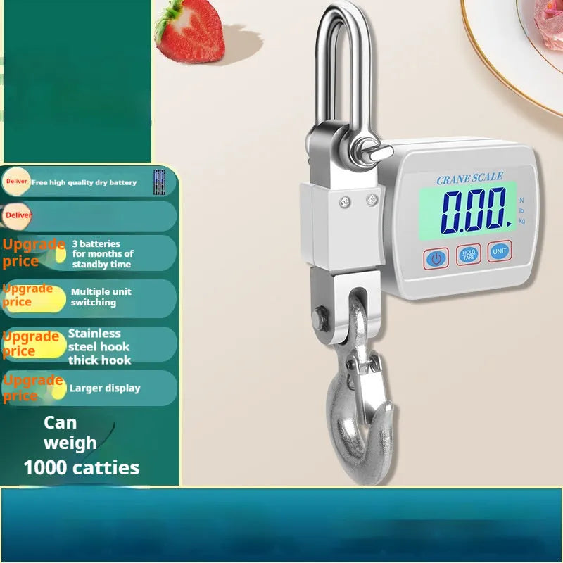 Electronic hook scale with digital LCD display showing weight measurement, available in blue, orange, or white colours