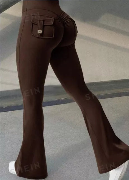 Women's high waist yoga flared pants with pockets and scrunch butt detail in black, brown, and green