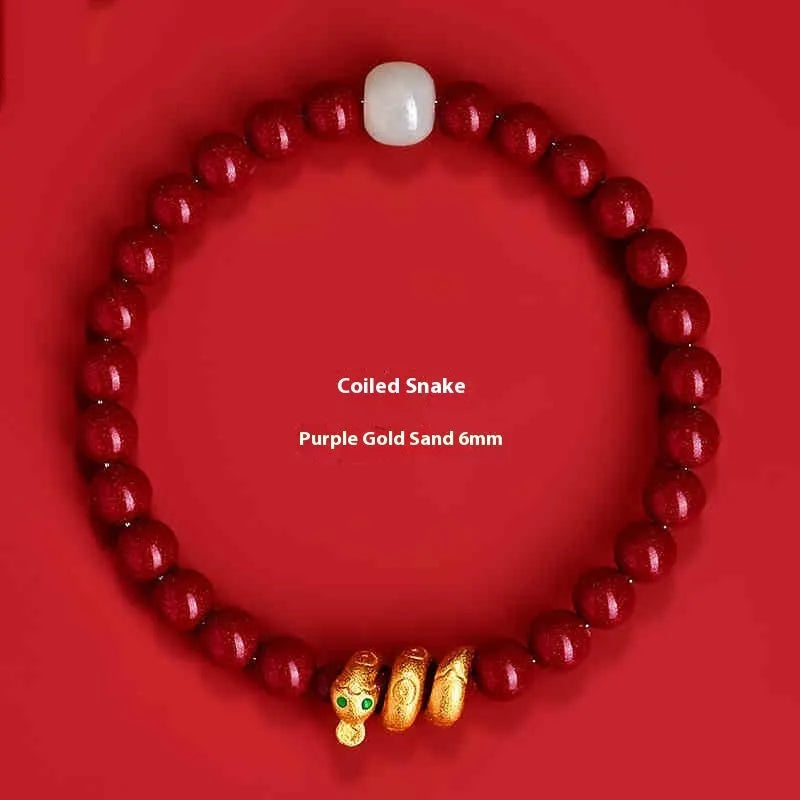 Handmade Chinese zodiac snake bracelet with genuine cinnabar beads in traditional design